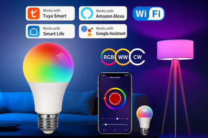 Tuya Smart WiFi LED bulb showing RGB, warm white, and cool white modes with mobile app control and compatibility icons for Alexa, Google Assistant, and Smart Life.