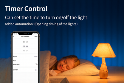 Smart LED bulb timer function shown in a bedroom with smartphone scheduling interface.