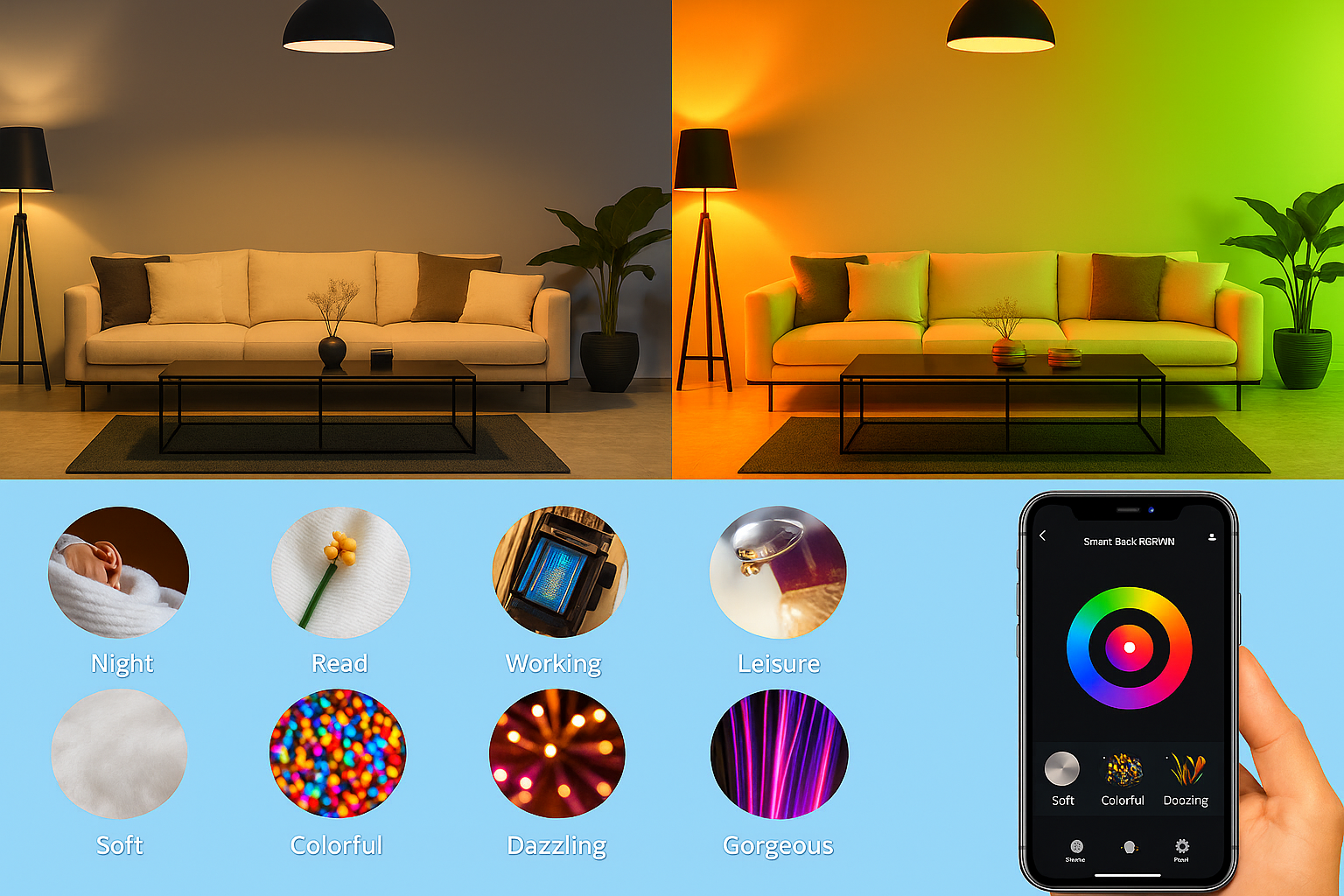Living room comparison showing warm light vs RGB lighting with scene mode icons and smartphone control.