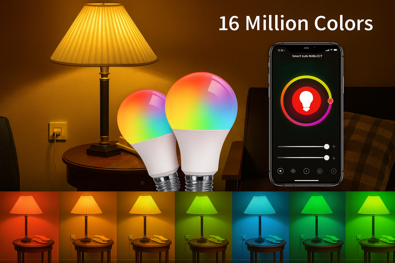 Tuya smart RGB LED bulbs displaying 16 million colors with mobile app color wheel.