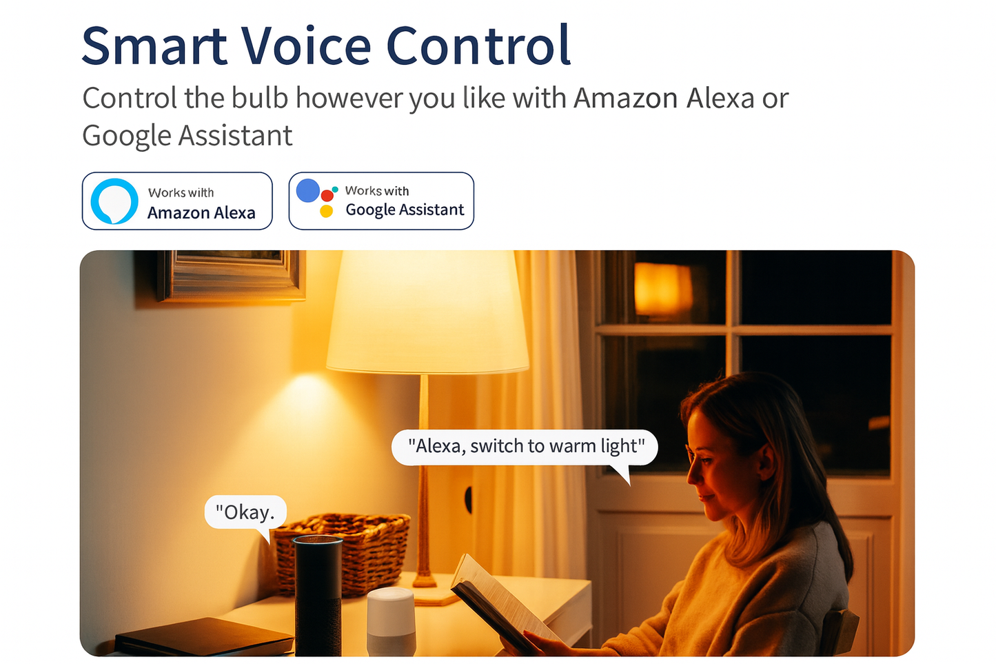 Smart WiFi LED bulb being controlled through voice assistants like Amazon Alexa and Google Assistant.