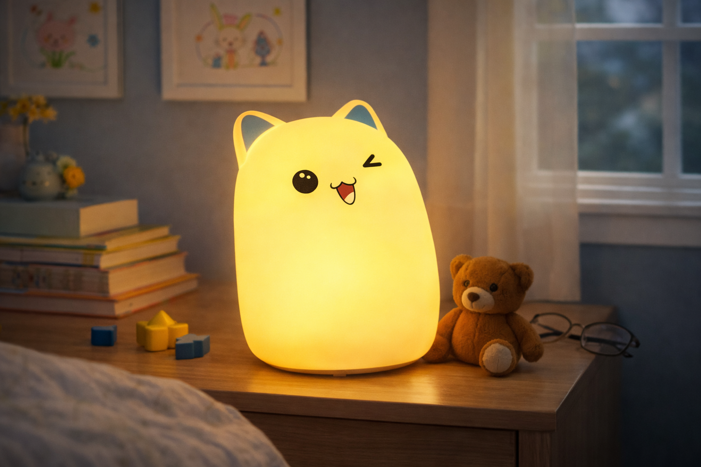 Color-changing silicone character night light glowing warm yellow beside a teddy bear